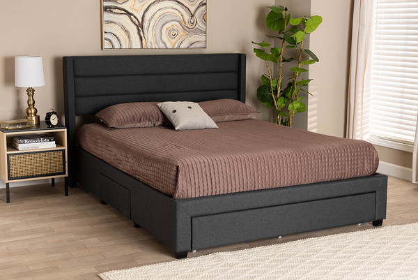 Braylon Mid-Century Modern Transitional Charcoal Grey Fabric And Dark Brown Finished Wood Queen Size 3-Drawer Storage Platform Bed By Baxton Studio CF 9270-A-Coronado-A-Charcoal Grey-Queen