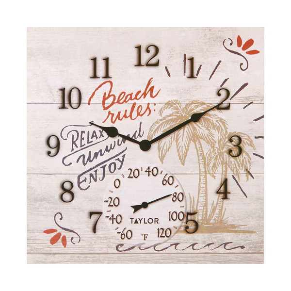 Petra 14-In. X 14-In. Beach Rules Poly Resin Clock With Thermometer TAP5280580