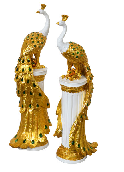 AFD Home Golden Emerald Peacocks On Pedestal Set Of 2 12024003