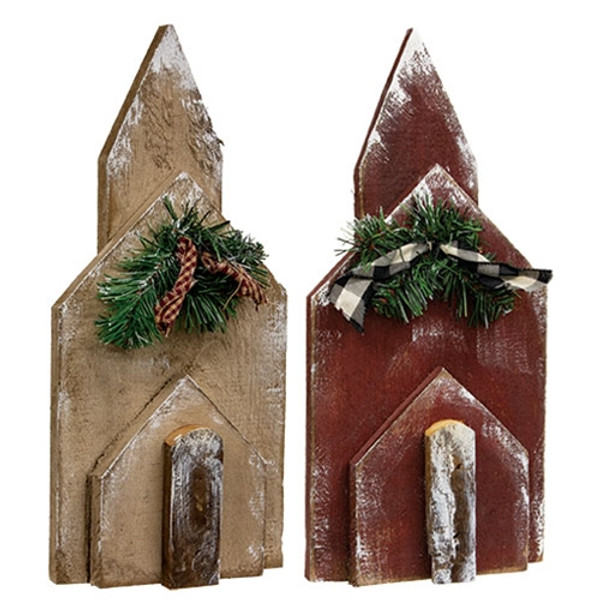 CWI Gifts Rustic Wood Snowy Red Or Ivory Winter Church 2 Assorted (Pack Of 2) G23423