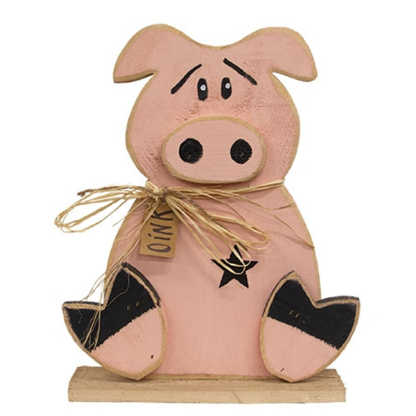 CWI Gifts Rustic Wood Sitting "Oink" Pig On Base G24154