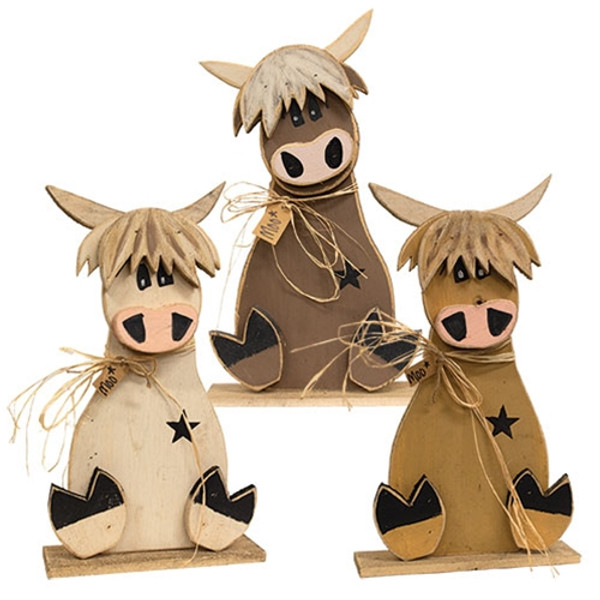 CWI Gifts Rustic Wood Sitting "Moo" Highland On Base 3 Assorted (Pack Of 3) G24156