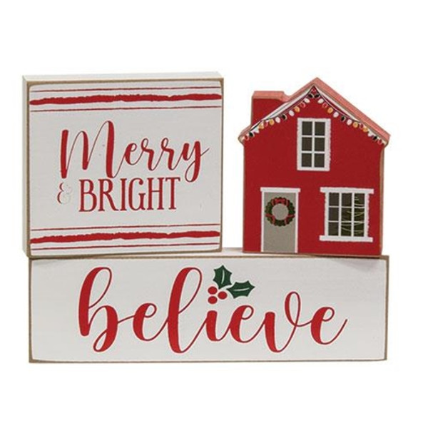 CWI Gifts Set Of 3 Merry & Bright Believe House Wooden Blocks G37160