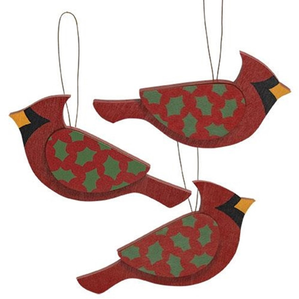 CWI Gifts Wooden Holly Cardinal Ornament 3 Assorted (Pack Of 3) G37358