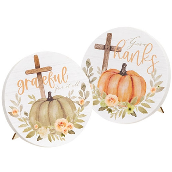 CWI Gifts Give Thanks/Grateful Watercolor Pumpkin Round Easel Sign 2 Assorted (Pack Of 2) G37410