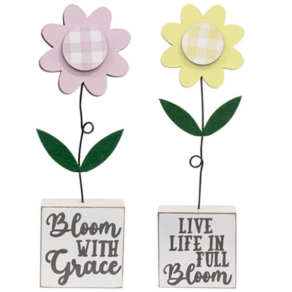 CWI Gifts Set Of 2 Full Bloom With Grace Gingham Check Daisies On Base G37571