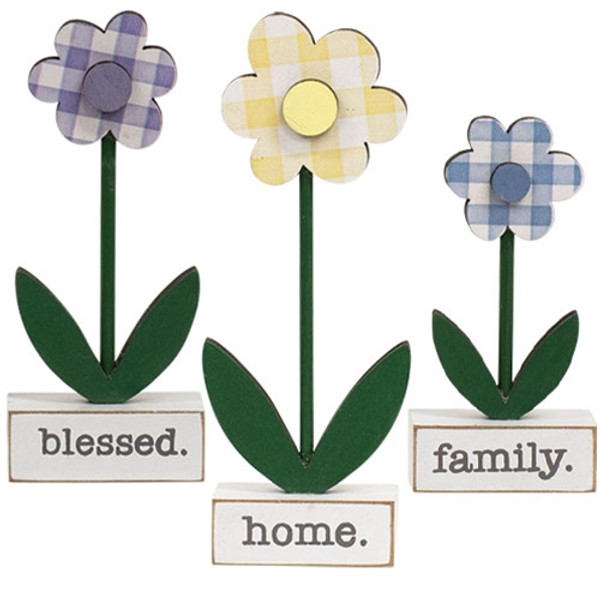 CWI Gifts Set Of 3 Home Blessed Family Gingham Check Daisies On Base G37574