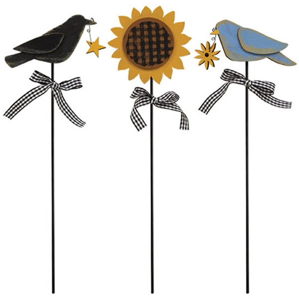 CWI Gifts Set Of 3 Bluebird Crow & Sunflower Plant Poke G37618
