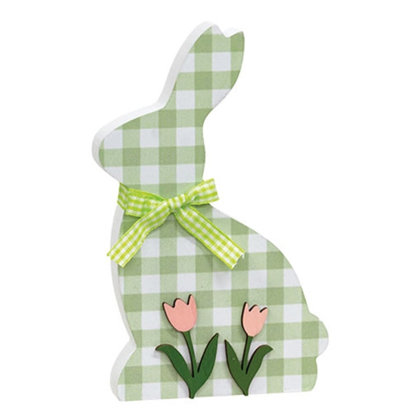 CWI Gifts Green & White Buffalo Check Bunny With Tulips Sitter G37733