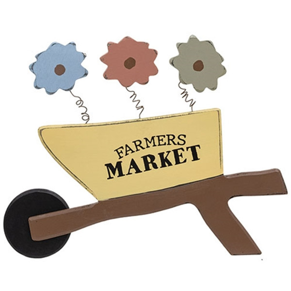 CWI Gifts Wooden Farmers Market Wheelbarrow Sign With Springy Flowers G37795