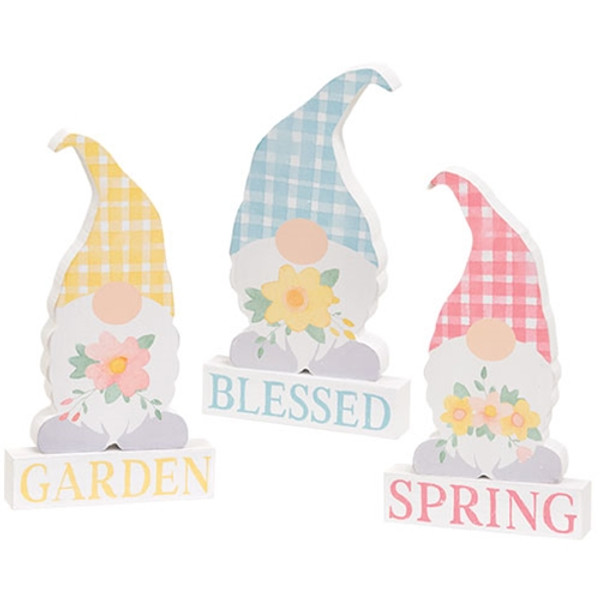 CWI Gifts 2/Set Spring Blessings Block With Flower Chunky Gnome 3 Assorted (Pack Of 3) G37808
