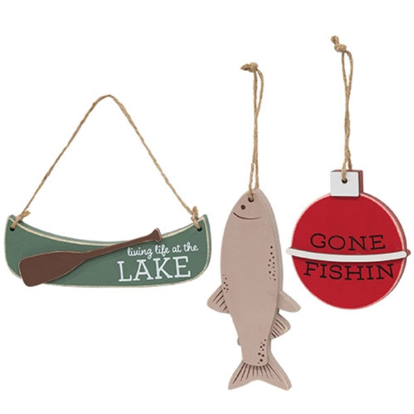 CWI Gifts Set Of 3 Lake Fishing Wooden Ornaments G37814