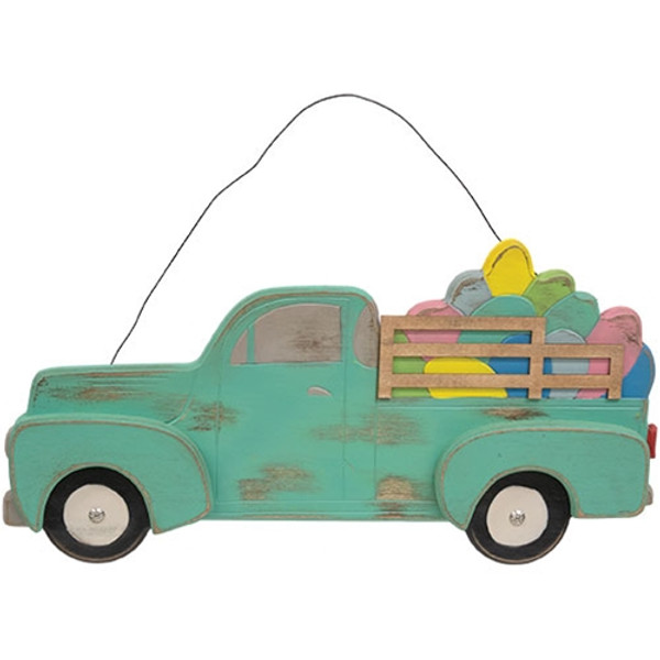 CWI Gifts Distressed Hanging Teal Wooden Easter Egg Truck G37831