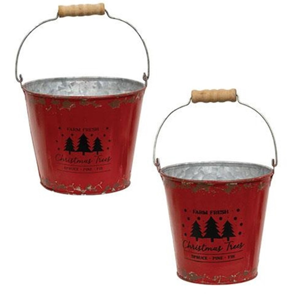 CWI Gifts Set Of 2 Farm Fresh Christmas Trees Distressed Red Metal Buckets GC23789