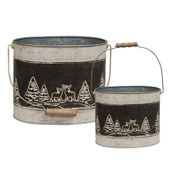 CWI Gifts Set Of 2 Embossed Winter Forest Oval Buckets GH21A5495B