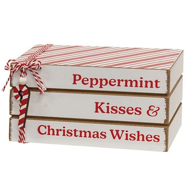 CWI Gifts Peppermint Kisses & Christmas Wishes Wooden Book Stack GH37227