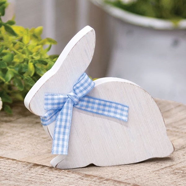 CWI Gifts White Wooden Bunny Sitter With Blue & White Buffalo Check Ribbon GH37643