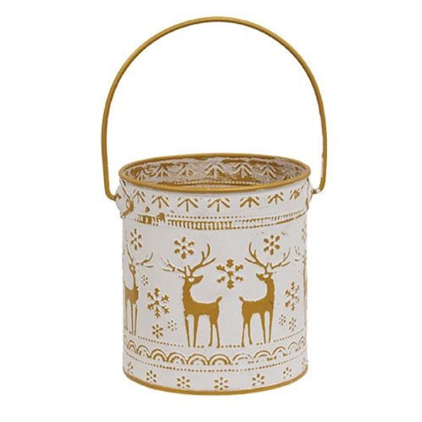 CWI Gifts Distressed White Metal Bucket With Gold Embossed Reindeer & Snowflakes GMXF39602