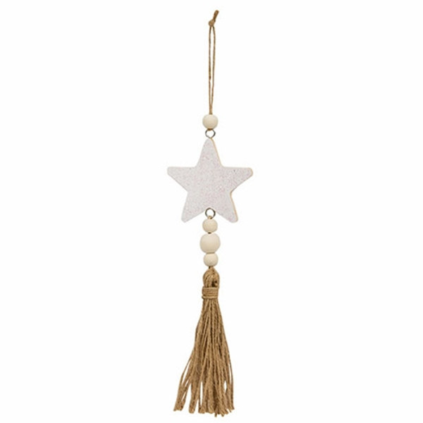 CWI Gifts Glittered White Star Beaded Wood Ornament With Tassel GSHN4230