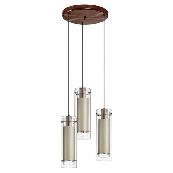Dainolite 3 Light Oil Brushed Bronze Round Pendant Clear And Clear Glass And Diana Tan Fabric Sleeve Black Wire 53153R-4151-OBB
