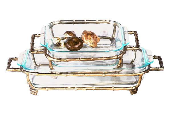 ST242 Gold Aluminum Bamboo Rectangle Pyrex Holder (Pack of 2)