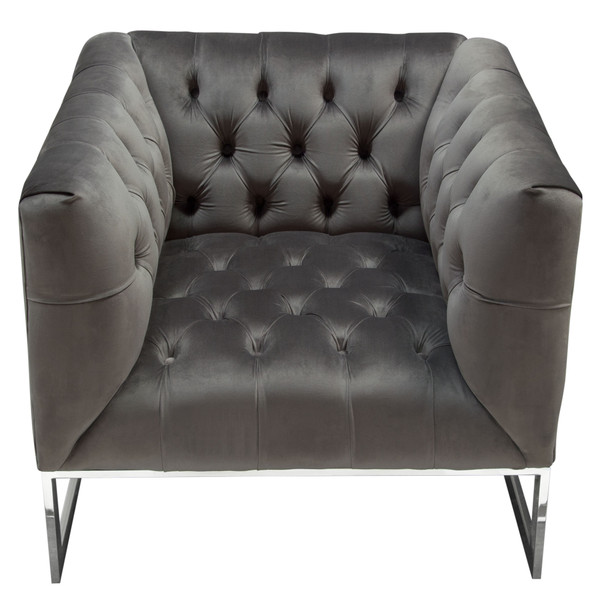 Crawford Tufted Chair in Dusk Grey Velvet w/ Polished Metal Leg & Trim CRAWFORDCHDG