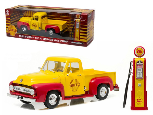 1953 Ford F-100 Pickup Truck Shell Oil with Vintage Gas Pump 1/18 Diecast Model Car by Greenlight 12983