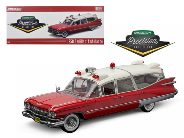 1959 Cadillac Ambulance Red and White Precision Collection 1/18 Diecast Model Car by Greenlight 18001