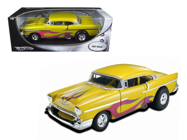 1957 Chevrolet Drag Car Yellow With Flames 1/18 Diecast Car Model by Hotwheels 21356