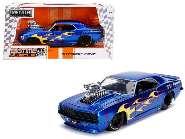 1969 Chevrolet Camaro With Blower Candy Blue And Yellow Flames "Bigtime Muscle" Series 1/24 Diecast Model Car By Jada (Pack Of 2) 30708
