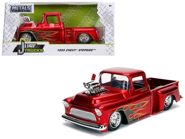1955 Chevrolet Stepside Pickup Truck With Blower Candy Red With Flames "Just Trucks" Series 1/24 Diecast Model Car By Jada (Pack Of 2) 30713