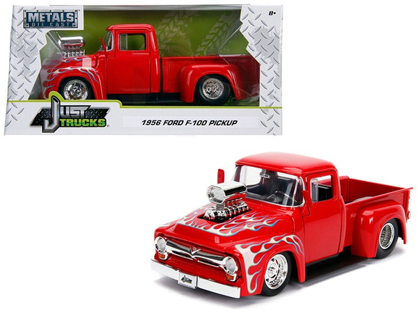1956 Ford F-100 Pickup Truck With Blower Glossy Red With Flames "Just Trucks" Series 1/24 Diecast Model Car By Jada (Pack Of 2) 30715
