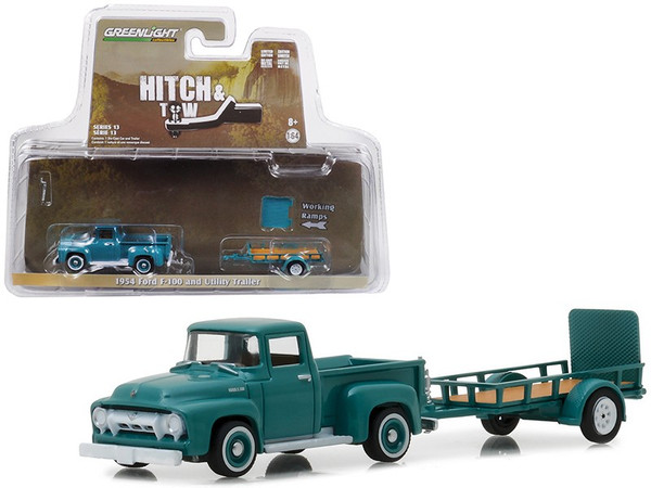 1954 Ford F-100 And Utility Trailer Green Hitch & Tow Series 13 1/64 Diecast Model Car By Greenlight (Pack Of 2) 32130A