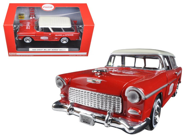 1955 Chevrolet Nomad Coca Cola with 2 bottle cases and metal handcart 1/24 Diecast Model Car by Motorcity Classics 424110