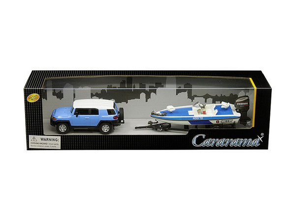 Toyota FJ Cruiser with Speed Boat and Trailer Blue and White 1/43 Diecast Model Car by Cararama 48116