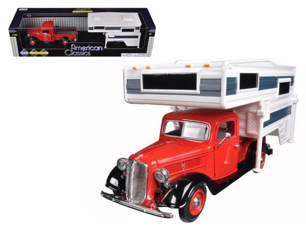 1937 Ford Pickup Truck Red With Camper 1/24 Diecast Model by Motormax 75200r
