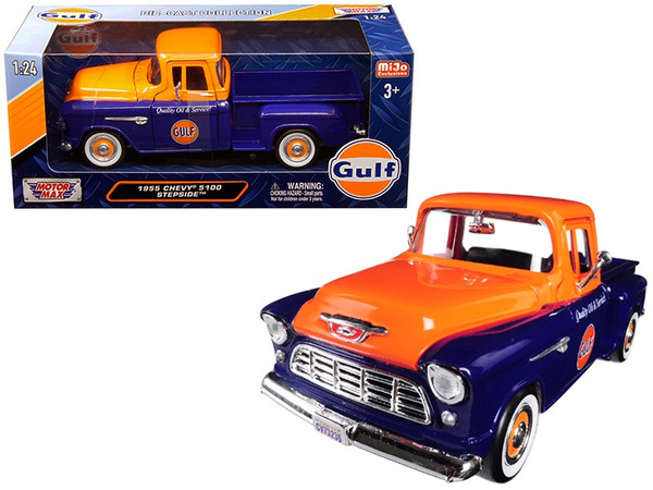 1955 Chevrolet 5100 Stepside Pickup Truck "Gulf" Dark Blue and Orange 1/24 Diecast Model Car by Motormax 79651