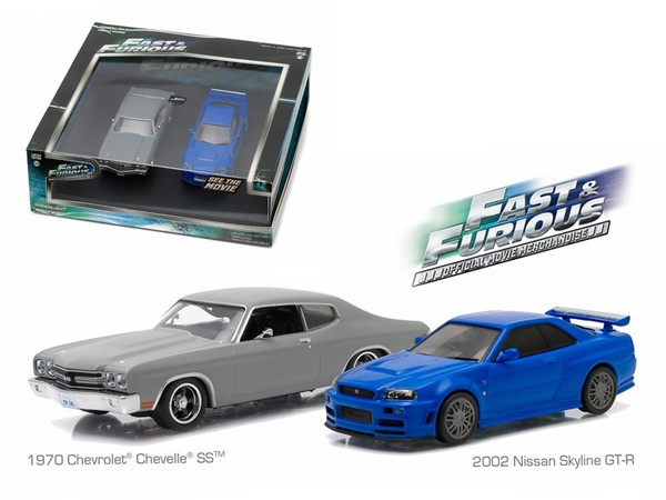 1970 Chevrolet Chevelle SS Grey and 2002 Nissan Skyline GT-R Blue Drag Scene "Fast and Furious" Movie (2009) Diorama Set 1/43 Diecast Model Cars by Greenlight 86252
