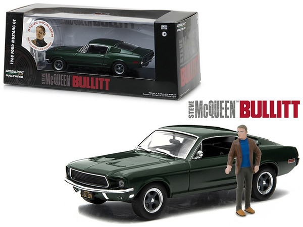 1968 Ford Mustang GT Fastback Green Steve McQueen "Bullitt" Movie (1968) with Steve Mcqueen Figurine 1/43 Diecast Model Car by Greenlight 86433