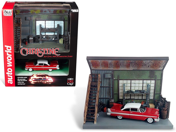 1958 Plymouth Fury Red with "Darnell"'s Garage" Scenic Display Diorama from "Christine" (1983) Movie 1/64 Diecast Model by Autoworld AWSD001