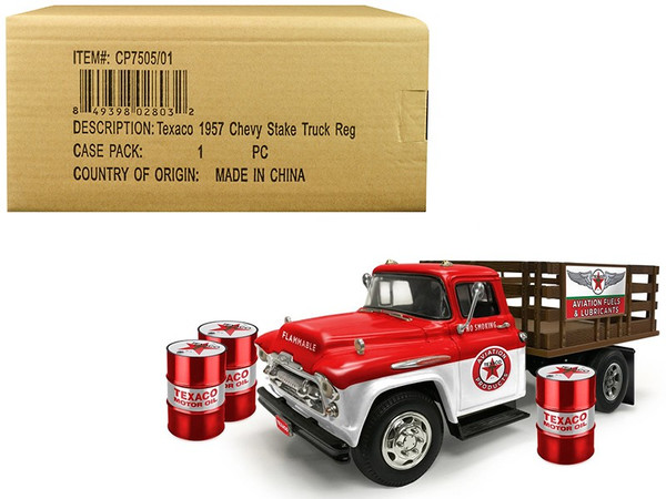 1957 Chevrolet Stake Bed Truck White/Red with 3 Oil Drums "Texaco" "Aviation Fuels & Lubricants" Regular Edition 1/25 Diecast Model by Autoworld CP7505