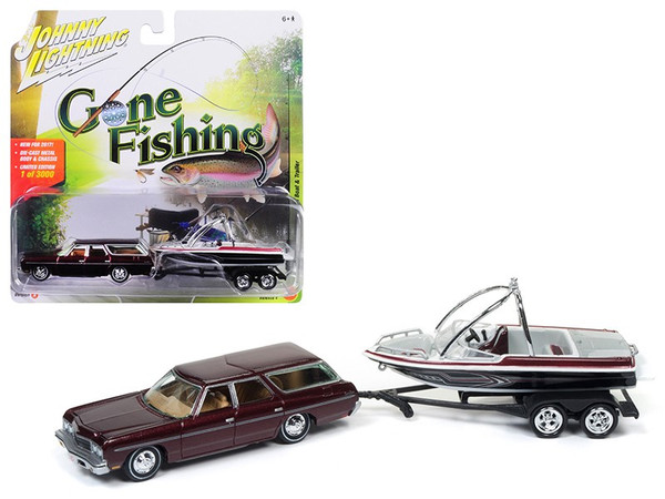 1973 Chevrolet Caprice Station Wagon Dark Red Poly With Malibu Boat "Gone Fishing" 1/64 Diecast Model Car By Johnny Lightning (Pack Of 2) JLBT004A-1973CHEVROLET-BURGUNDY
