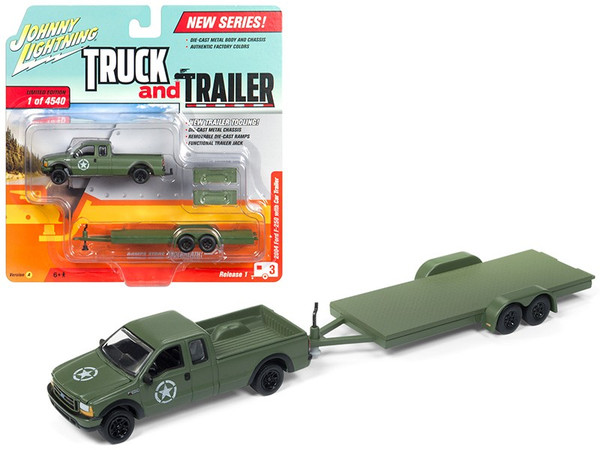 2004 Ford F-250 Army Green With Car Trailer Limited Edition To 4540 Pieces Worldwide "Truck And Trailer" Series 1 1/64 Diecast Model Car By Johnny Lightning (Pack Of 2) JLBT006A-FORD-GREEN
