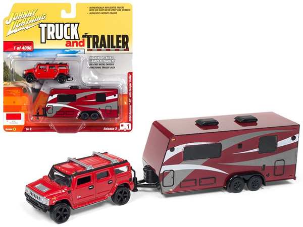 2004 Hummer H2 Red With Dark Red Camper Trailer Limited Edition To 4,000 Pieces Worldwide "Truck And Trailer" Series 3 1/64 Diecast Model Car By Johnny Lightning (Pack Of 2) JLBT008/JLSP037B