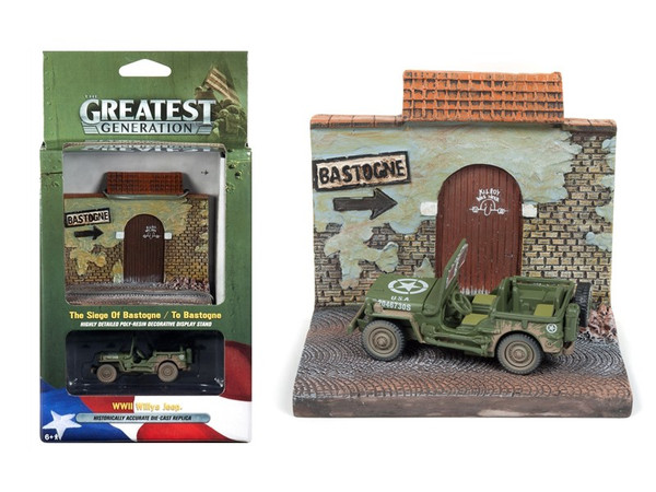 Military WWII Willys MB Jeep with "To Bastogne" Resin Display Diorama "The Greatest Generation" Series 1/64 Diecast Model by Johnny Lightning JLDS001-BASTOGNE