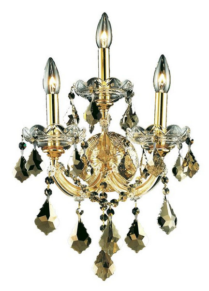 Elegant Maria Theresa 3 Light Gold Wall Sconce Golden Teak (Smoky) Royal Cut Crystal 2800W3G-GT/RC