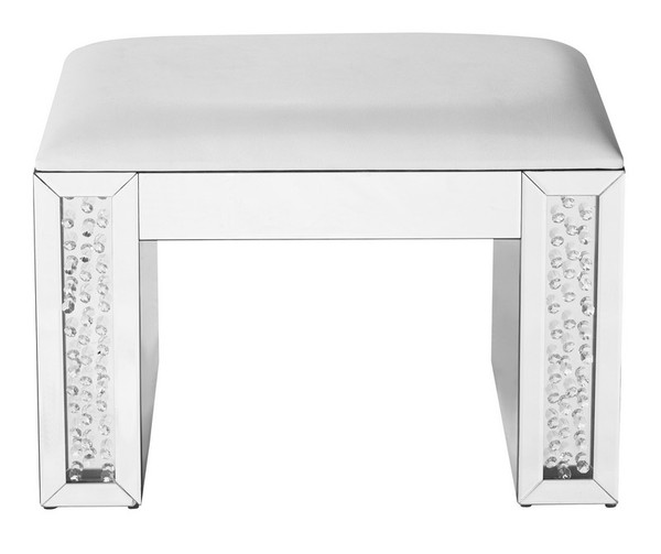 Elegant 26 Inch Crystal Vanity Leather Stool In Clear Mirror Finish MF91018