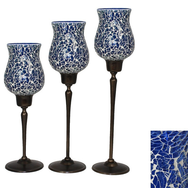 EN14008 Essential 3 Piece Blue Mosaic Candle Holders - Pack Of 3