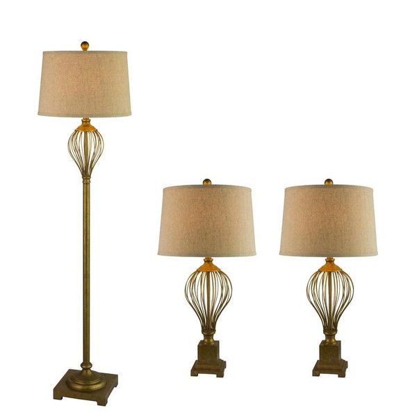 3857AGRY Fangio Metal Wire 3 Piece Lamp Set In Antique Grey