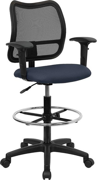 Mid-Back Mesh Drafting Stool w/Navy Blue Seat & Arms WL-A277-NVY-AD-GG